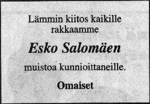 Esko Matias Salomäen kiitosilmoitus