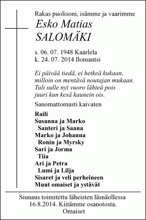 Esko Matias Salomäen kuolinilmoitus
